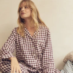 Linen Pajamas|Gingham Pajamas>Piglet in Bed Pajama Shirt Berry Gingham