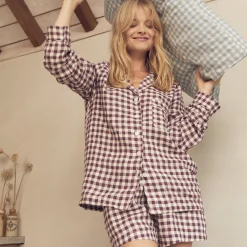 Linen Pajamas|Gingham Pajamas>Piglet in Bed Pajama Shorts Berry Gingham