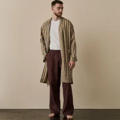 Linen Pajamas|Linen Pajamas>Piglet in Bed Blue & Porcini Striped Linen Robe