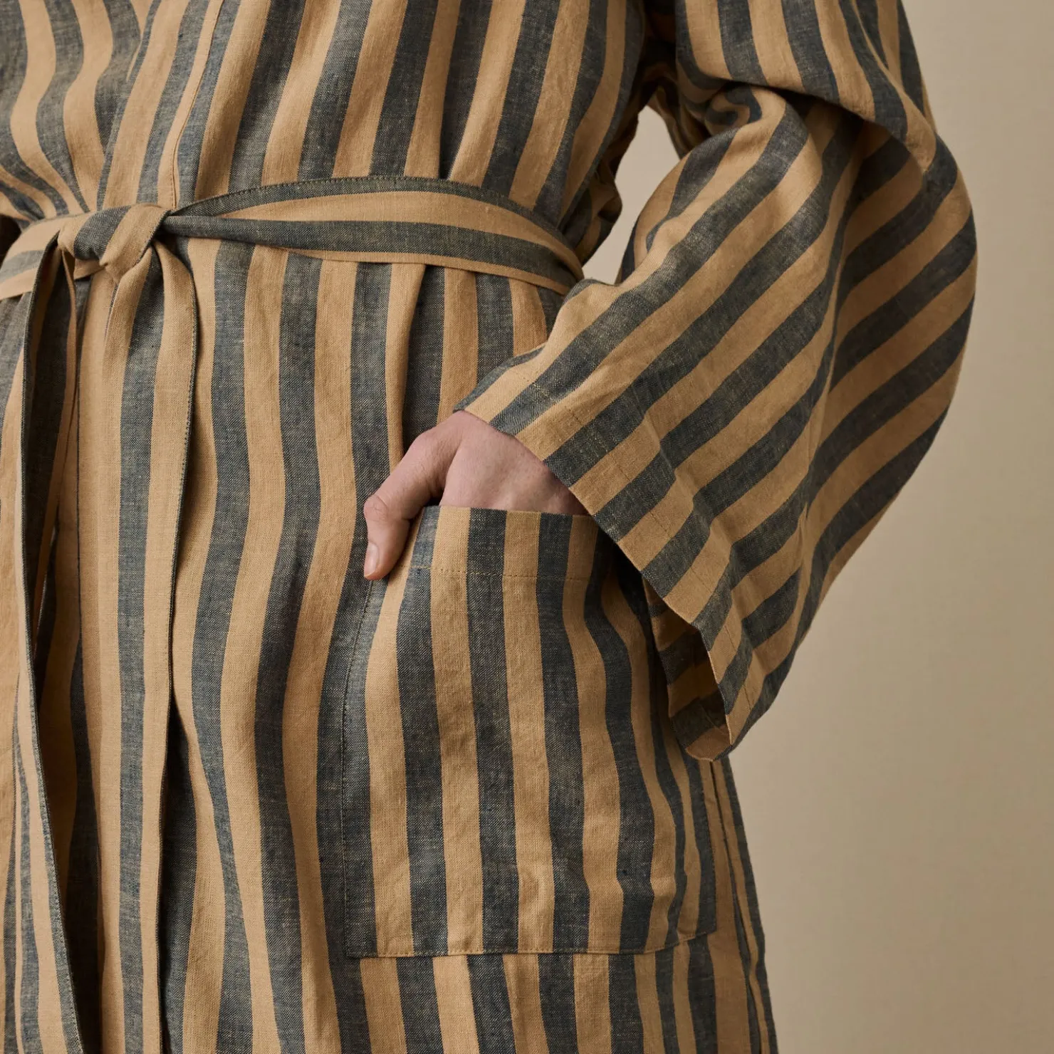 Linen Pajamas|Linen Pajamas>Piglet in Bed Blue & Porcini Striped Linen Robe