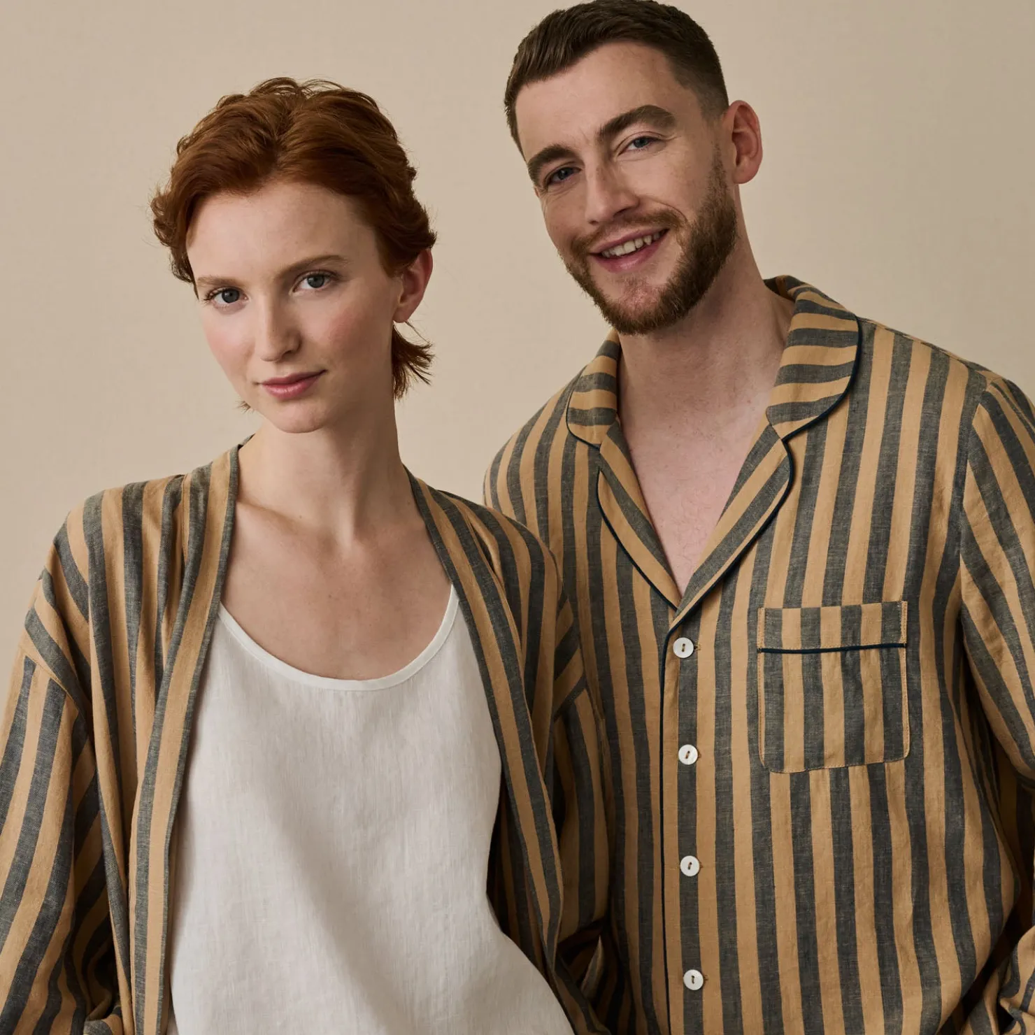 Linen Pajamas|Linen Pajamas>Piglet in Bed Blue & Porcini Striped Linen Robe