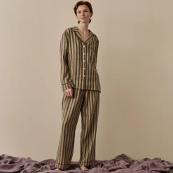 Pajama Sets|Linen Pajamas>Piglet in Bed d Linen Pajama Set Blue & Porcini Stripe