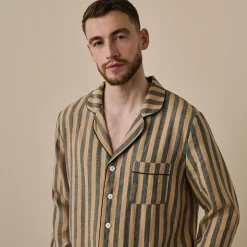 Linen Pajamas>Piglet in Bed Blue Porcini Striped Linen Tencel Men's Pajama Shirt Blue & Porcini Stripe