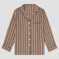 Linen Pajamas>Piglet in Bed Blue Porcini Striped Linen Tencel Men's Pajama Shirt Blue & Porcini Stripe