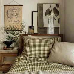 Gingham Bedding|Linen Bedding>Piglet in Bed 100% Linen Duvet Cover Botanical Green Gingham