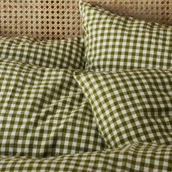 Gingham Bedding|Linen Bedding>Piglet in Bed Linen Blend Pillowcase (Pair) Botanical Green Gingham