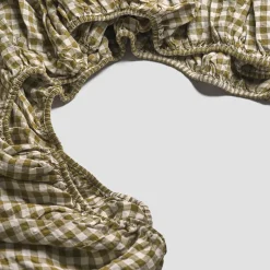 Linen Bedding|Fitted Sheets>Piglet in Bed Linen Blend Fitted Sheet Botanical Green Gingham
