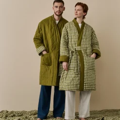 Linen Pajamas|Linen Pajamas>Piglet in Bed Linen Housecoat Botanical Green Gingham