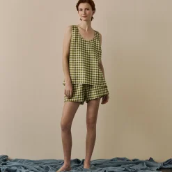 Linen Pajamas|Gingham Pajamas>Piglet in Bed Linen Cami Set Botanical Green Gingham