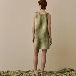 Night Dresses|Linen Pajamas>Piglet in Bed Linen Night Dress Botanical Green Gingham