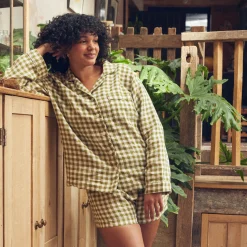 Linen Pajamas|Gingham Pajamas>Piglet in Bed Linen Pajama Shorts Botanical Green Gingham