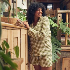 Pajama Sets|Linen Pajamas>Piglet in Bed Linen Pajama Shorts Set Botanical Green Gingham