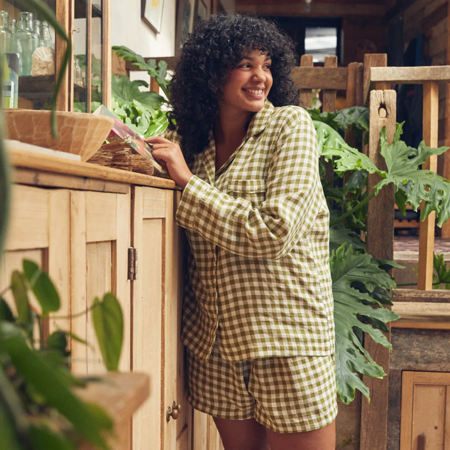 Pajama Sets|Linen Pajamas>Piglet in Bed Linen Pajama Shorts Set Botanical Green Gingham