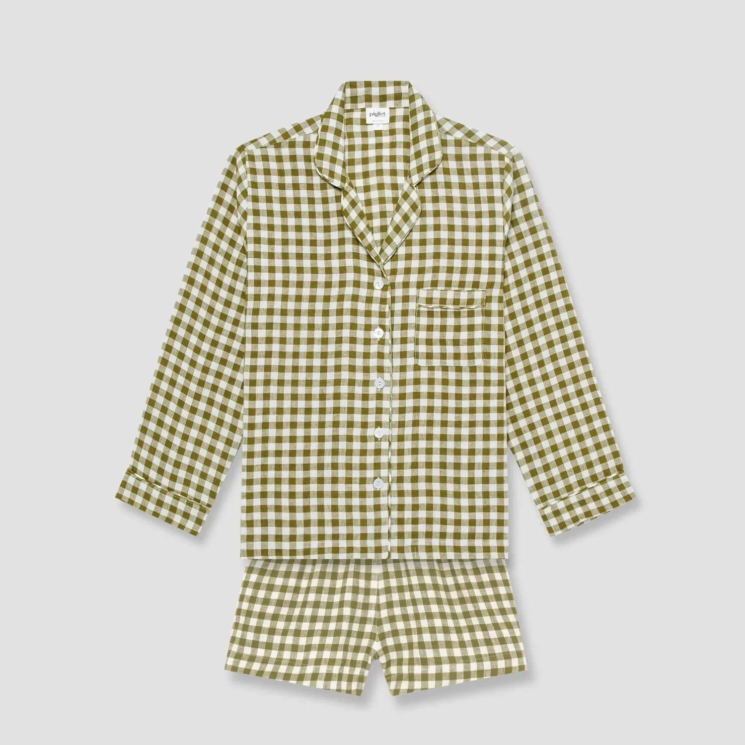 Pajama Sets|Linen Pajamas>Piglet in Bed Linen Pajama Shorts Set Botanical Green Gingham