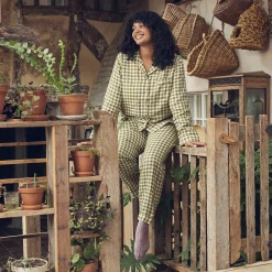 Linen Pajamas|Pajama Sets>Piglet in Bed Linen Pajama Set Botanical Green Gingham