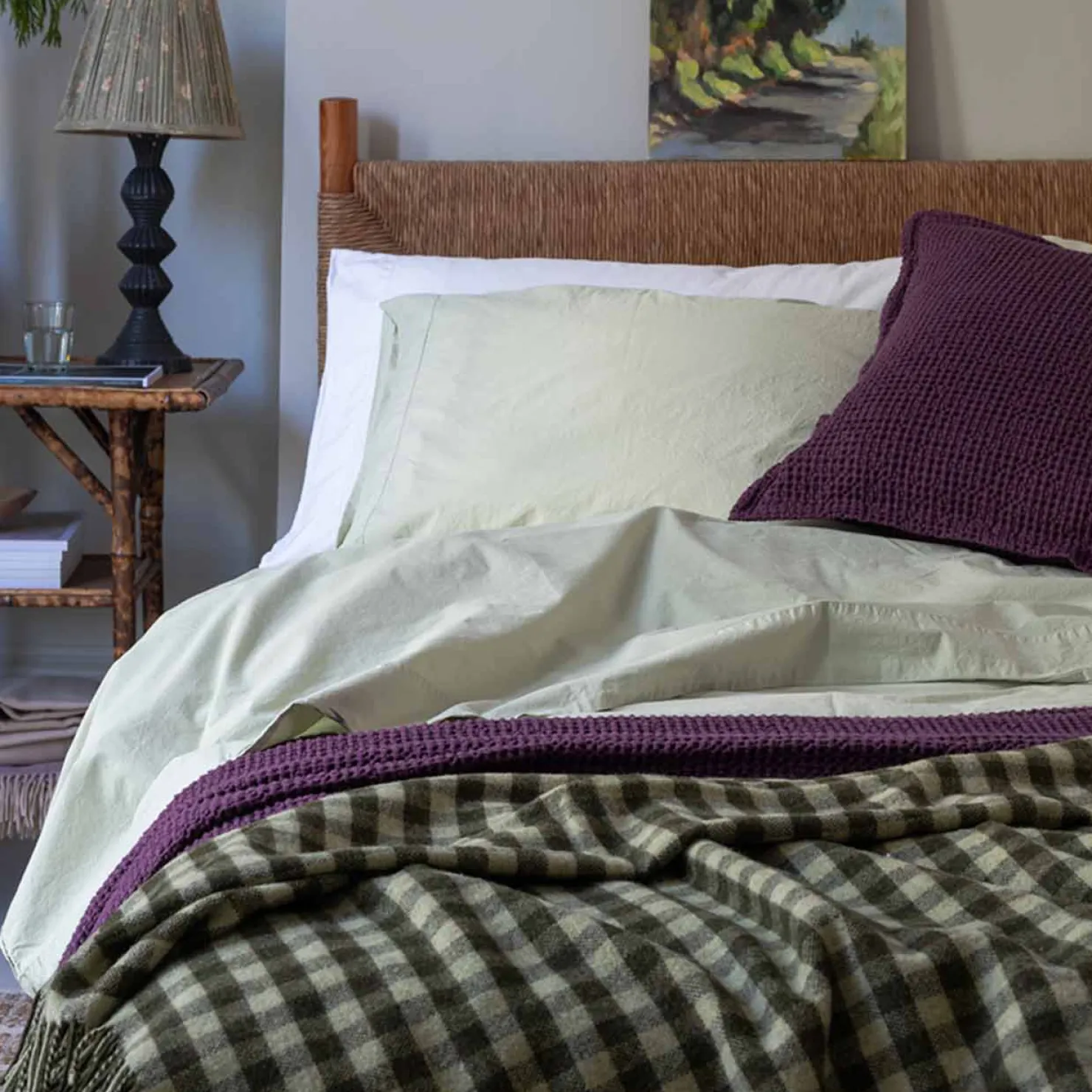 Blankets & Throws|Blankets & Throws>Piglet in Bed Botanical Green Gingham Wool Blanket