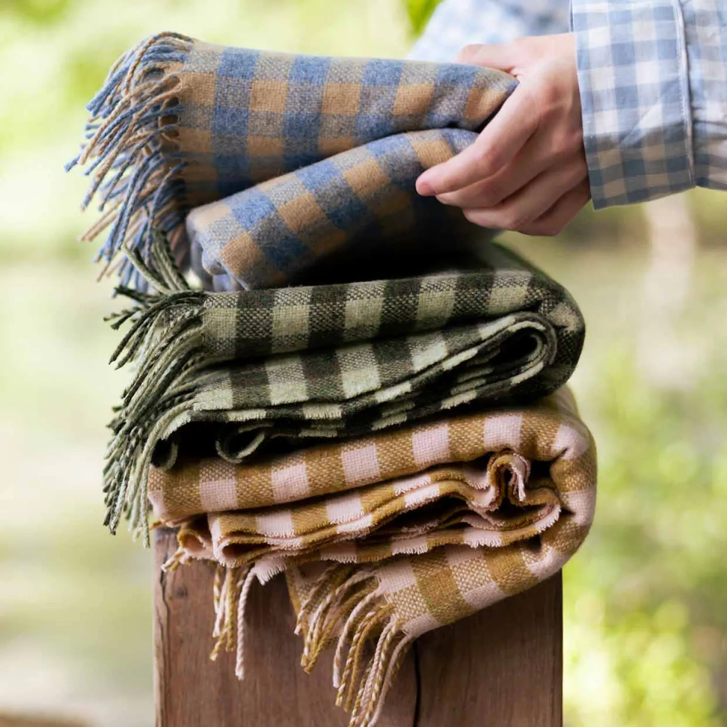 Blankets & Throws|Blankets & Throws>Piglet in Bed Botanical Green Gingham Wool Blanket