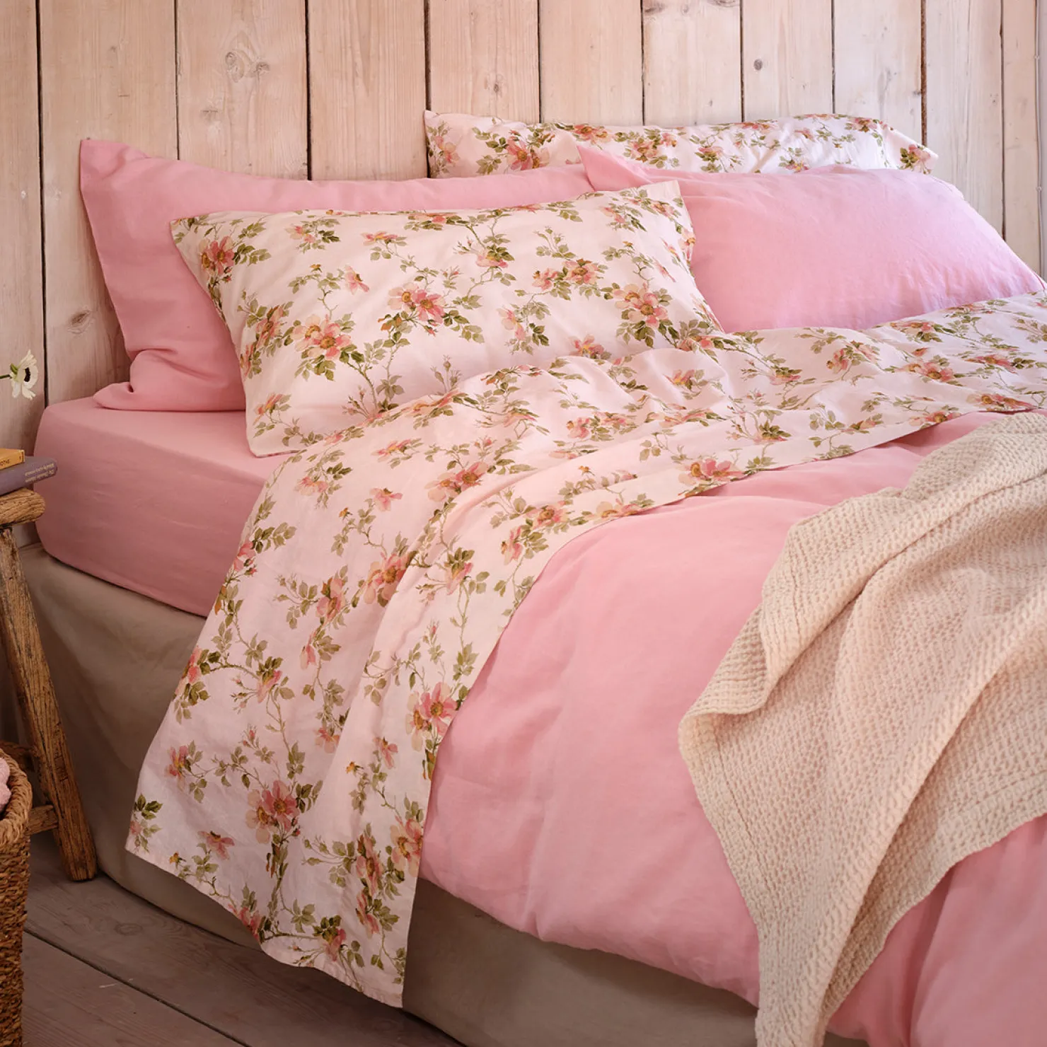 Linen Bedding|Flat Sheets>Piglet in Bed Linen Blend Flat Sheet Cream Pastel Field Rose