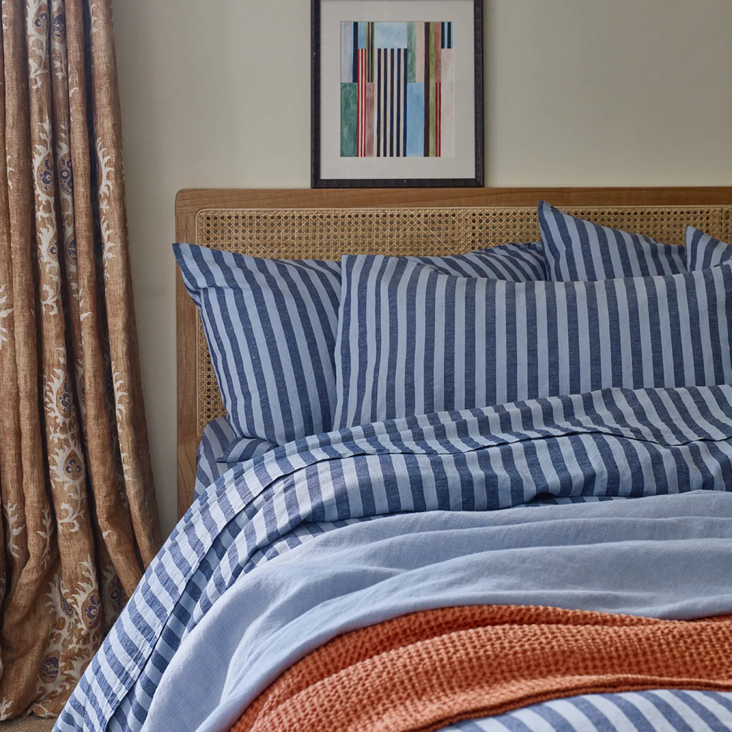 Striped Bedding|Linen Bedding>Piglet in Bed Linen Blend Pillowcases (Pair) Dusty Blue Amberley Stripe