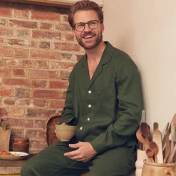 Linen Pajamas>Piglet in Bed Linen Tencel Men's Pajama Shirt Fern Green