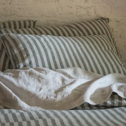 Striped Bedding|Linen Bedding>Piglet in Bed Linen Blend Pillowcase (Pair) Fern Green Pembroke Stripe