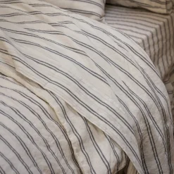 Striped Bedding|Linen Bedding>Piglet in Bed Linen Blend Flat Sheet Ivory Kemptown Stripe