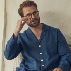 Linen Pajamas>Piglet in Bed Linen Tencel Men's Pajama Shirt Marine Blue