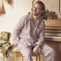 Linen Pajamas|Gingham Pajamas>Piglet in Bed Men's Berry Gingham Pajama Shirt Meadow Green
