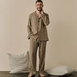 Linen Pajama Sets|Linen Pajamas>Piglet in Bed Men's d Linen Pajama Set Blue & Porcini Stripe