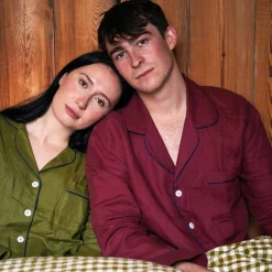 Linen Pajamas>Piglet in Bed Men's Cherry Linen Pajama Shirt Merlot