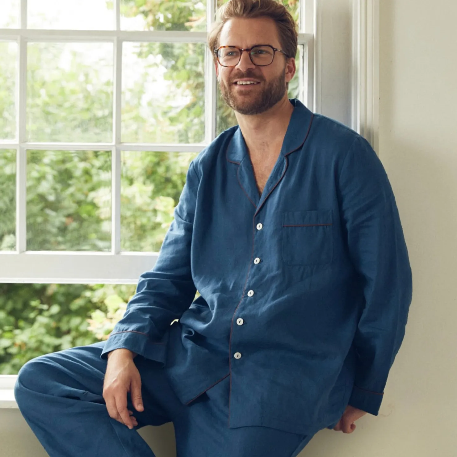Linen Pajama Sets|Linen Pajamas>Piglet in Bed Men's Linen Pajama Set Marine Blue
