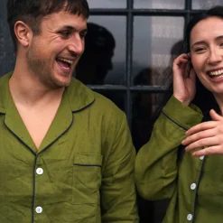 Linen Pajamas>Piglet in Bed Men's Linen Pajama Shirt Moss