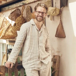 Linen Pajamas|Gingham Pajamas>Piglet in Bed Men's Mushroom Gingham Pajama Shirt Moss