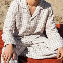 Linen Pajamas|Gingham Pajamas>Piglet in Bed Men's Mushroom Gingham Pajama Pants Moss