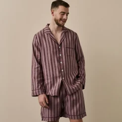Linen Pajama Sets|Linen Pajamas>Piglet in Bed Men's d Linen Pajama Short Set Port & Woodrose Stripe