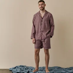 Linen Pajama Sets|Linen Pajamas>Piglet in Bed Men's d Linen Pajama Short Set Port & Woodrose Stripe