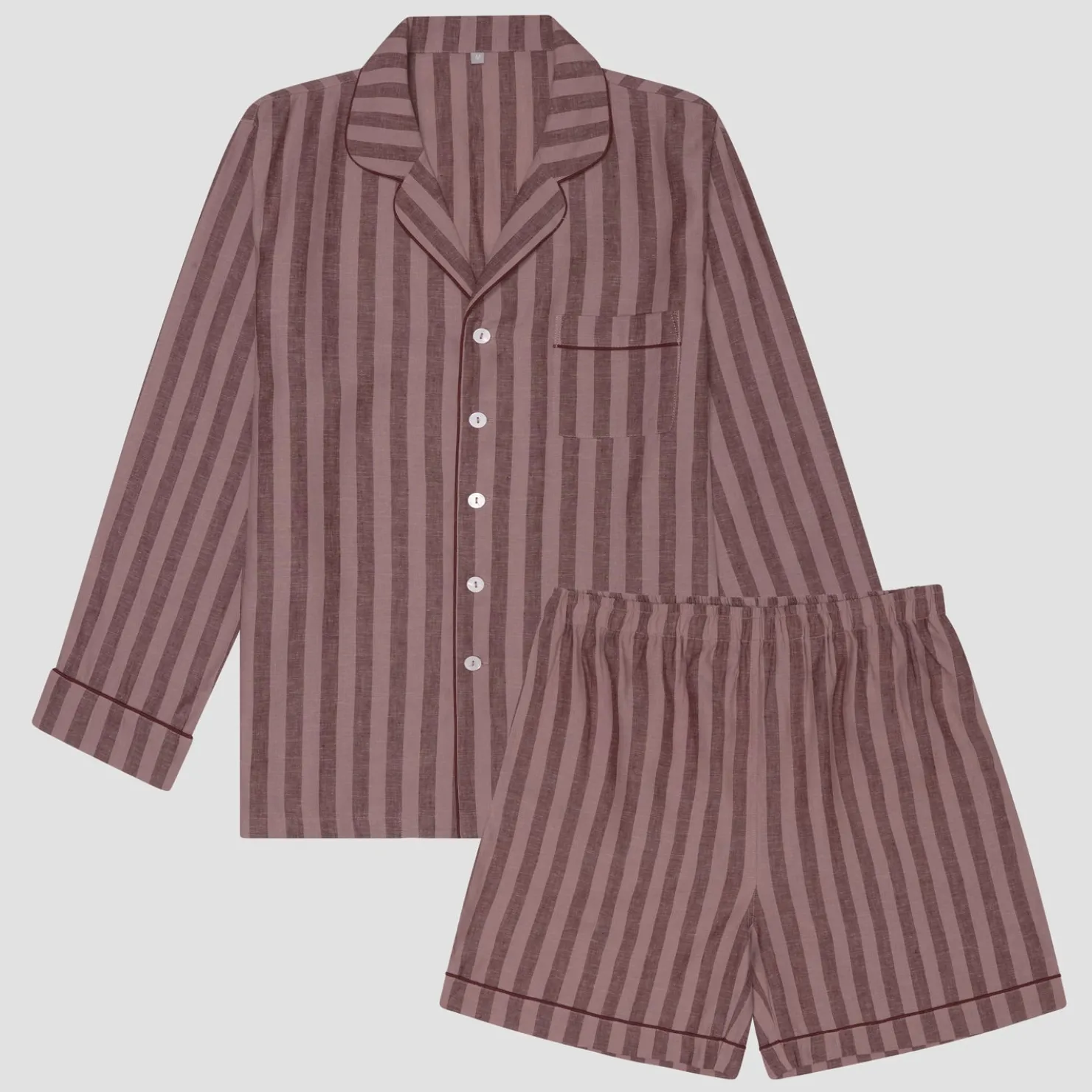Linen Pajama Sets|Linen Pajamas>Piglet in Bed Men's d Linen Pajama Short Set Port & Woodrose Stripe