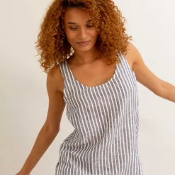Linen Pajamas>Piglet in Bed Linen Cami Top Midnight Stripe