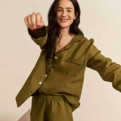 Pajama Sets|Linen Pajamas>Piglet in Bed Moss Plain Linen Pajama Shorts Set Moss Apples