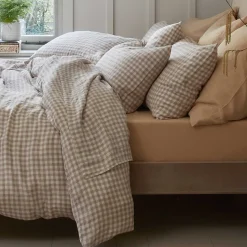 Gingham Bedding|Linen Bedding>Piglet in Bed 100% Linen Flat Sheet Mushroom Gingham