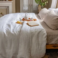 Gingham Bedding|Linen Bedding>Piglet in Bed 100% Linen Fitted Sheet Mushroom Gingham