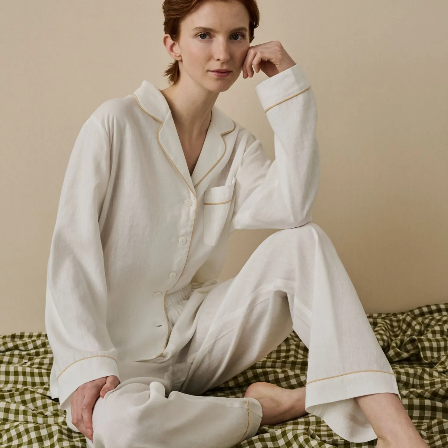 Pajama Sets|Linen Pajamas>Piglet in Bed Linen Pajama Set Pearl