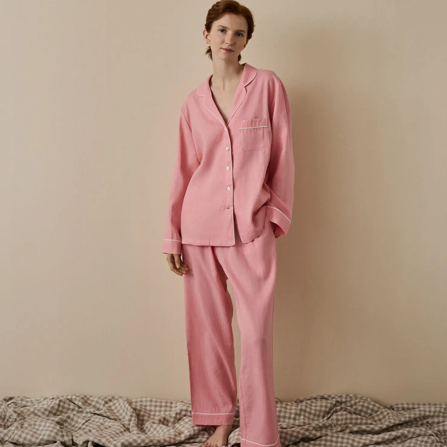 Linen Pajamas>Piglet in Bed Linen Pajama pants Pink Bloom