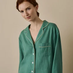 Linen Pajamas>Piglet in Bed Linen Pajama Shirt Tranquil Green