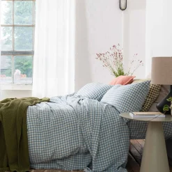 Gingham Bedding|Linen Bedding>Piglet in Bed 100% Linen Flat Sheet Warm Blue Gingham