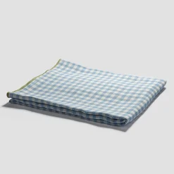 Table Linens>Piglet in Bed 100% Linen Tablecloth Warm Blue Gingham