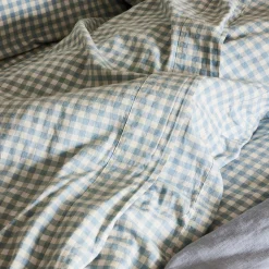 Gingham Bedding|Linen Bedding>Piglet in Bed Linen Blend Flat Sheet Warm Blue Gingham