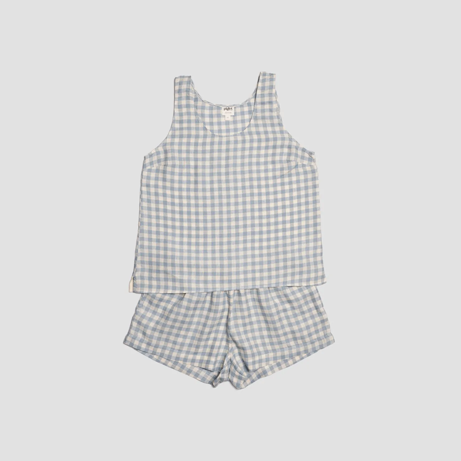 Linen Pajamas|Gingham Pajamas>Piglet in Bed Linen Cami Set Warm Blue Gingham