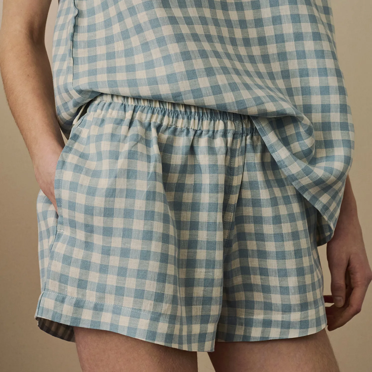 Linen Pajamas|Gingham Pajamas>Piglet in Bed Linen Cami Set Warm Blue Gingham
