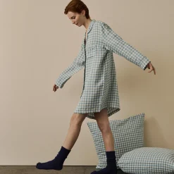 Night Dresses|Gingham Pajamas>Piglet in Bed Linen Night Shirt Warm Blue Gingham